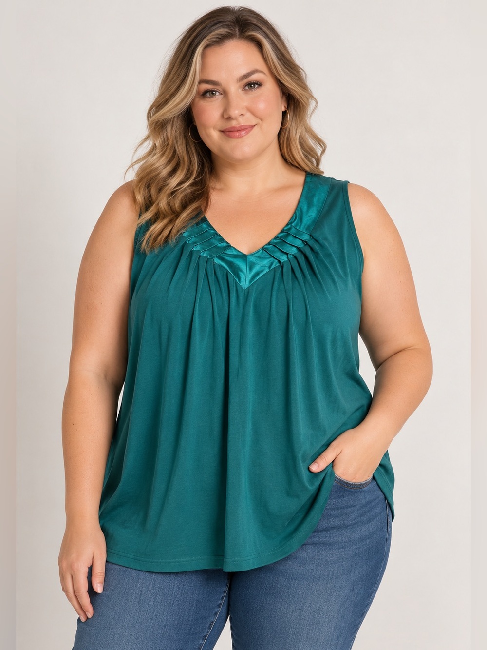 Denim & Co Teal Satin Trim V-Neck Sleeveless Tunic Tank Top Women’s XL